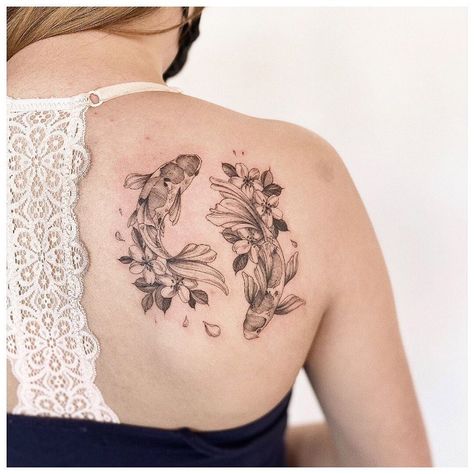 Floral Fish Tattoo, Koi Fish Flower Tattoo, Koi Fish With Flowers Tattoo, Koi Fish And Flower Tattoo, Fish And Flower Tattoo, Vancouver Tattoo, Tattoo 2023, Mastectomy Tattoo, Matching Best Friend Tattoos