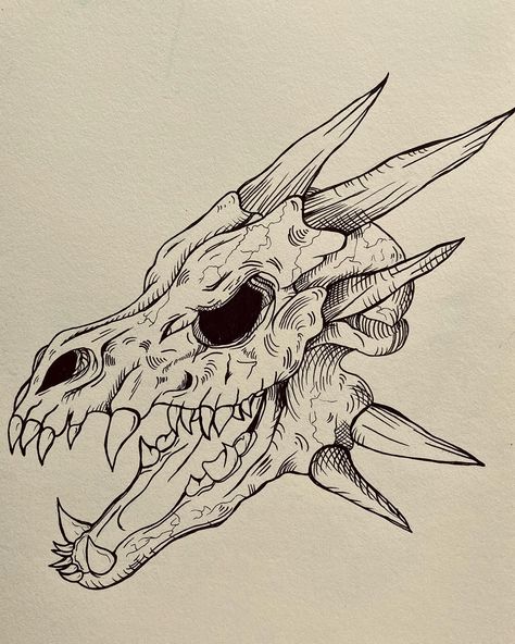 Dragon skull 🐲 [own design ] • • #tattoodesign #tattooapprentices #tattoos #tattooideas #tattooart #art #artist #artistsoninstagram #tattoo #dragonskull #skulltattoo #portfolio #tattoostyle Portfolio Design Tattoo, Dragon Skull Tattoo Design, Skeletal Dragon Tattoo, Dragon Skull Art, Skull Outline Tattoo, Dragon Skull Drawing, Dragon Skull Tattoo, Tattoo Portfolio Ideas, Skull Drawing Ideas