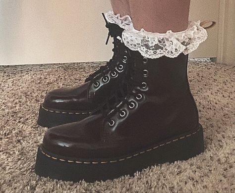 Doc Martens Laces Style, Ruffle Socks Outfit, Lacy Socks, Cherry Shoes, Ruffle Socks, Frilly Socks, Guts Tour, Doc Martens Boots, Ruffled Socks