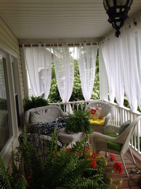 Small Balcony With Curtains, Covered Porch Curtains, Curtains Front Porch, Front Porch Curtain Ideas, Front Porch Curtains Outdoor, Curtains On Front Porch, Screen Porch Curtains, Curtains On Porch, Porch With Curtains