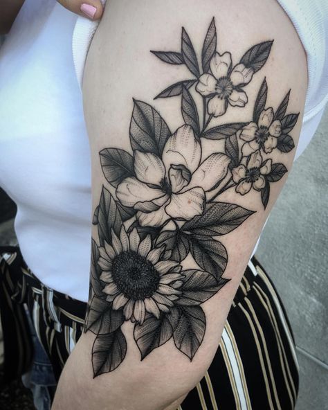 Magnolia And Sunflower Tattoo, Sunflower Tattoo Thigh, Sunflower Tattoo Shoulder, Magnolia Tattoo, Black Sunflower, Sunflower Tattoo, Hot Tattoos, Floral Sleeve, Mom Tattoos