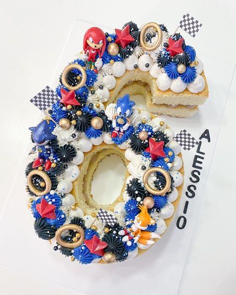 Number 4 Sonic Cake, Number 6 Sonic Cake, Sonic Cookie Cake, Sonic Number Cake, Knuckles Birthday Cake, Sonic Cupcake Cake, Tails Birthday Cake, Sonic Birthday Cake Ideas, Sonic The Hedgehog Birthday Party Cake