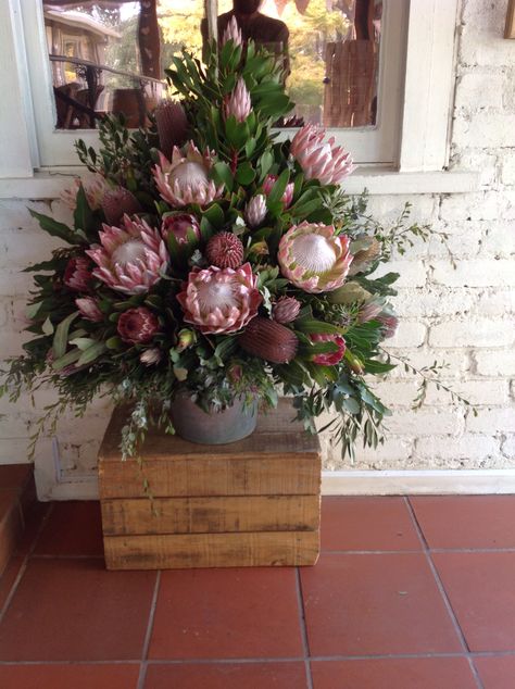 Feature Arrangement of King Protea Banksia and Pink Ice King Protea Arrangement, Protea Arrangements Modern, Winter Floral Arrangements For Church, Protea Floral Arrangements, Protea Flower Arrangements, Tall Flower Arrangements, Modern Floral Arrangements, Altar Flowers, King Protea