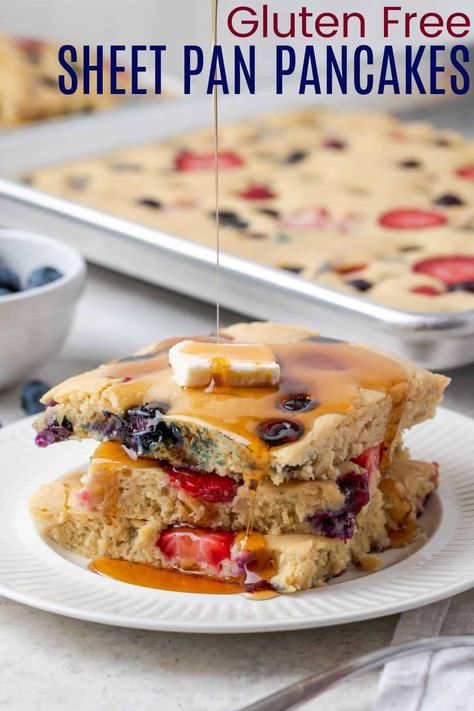 Make breakfast a breeze with Gluten Free Sheet Pan Pancakes! Gluten-free, loaded with berries, and ready in minutes. This one-pan wonder is perfect for feeding a crowd for breakfast or brunch! Gluten Free Pancake Casserole, Gluten Free Protein Sheet Pan Pancakes, Gf Sheet Pan Pancakes, Gluten Free Sheet Pan Pancakes, Pancake Sheet Pan Recipe, Gluten Free Breakfast Meal Prep, Gf Breakfast Ideas, Pancakes Cupcakes, Gluten Free Pancake Recipe