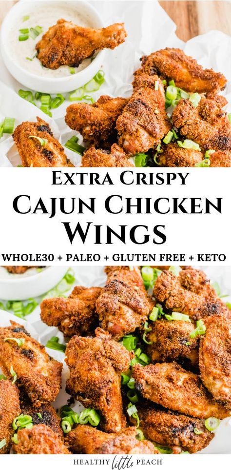 The most amazing crispy Cajun Chicken Wings that are Whole30, Paleo and Keto. These are the perfect appetizer for any social gathering or fun family meal. #ketowings #chickenwings #wings #whole30wings #whole30 #paleo Paleo Wings Recipe, Carnivore Diet Chicken Wings, Whole30 Chicken Wings, Crispy Cajun Chicken, Antigua Food, Keto Dry Rub Chicken Wings, Paleo Chicken Wings, Cajun Chicken Wings, Lunches Healthy