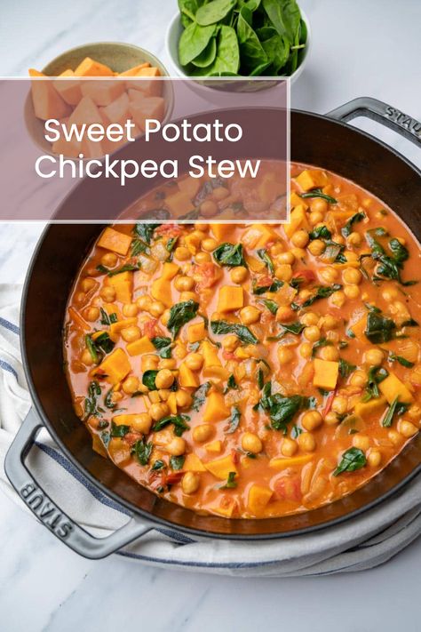 Sweet Potatoes Chickpeas, Garbanzo Bean Sweet Potato Recipes, Chickpea Sweet Potato Stew, Sweet Potato Stew Vegan, Sweet Potato Stew Crockpot Vegetarian, Chickpeas Sweet Potato, Sweet Potato Quinoa Soup, Quinoa Stew Recipes, Vegan Winter Soups And Stews