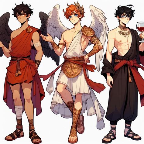 Apollo, Hermes and Dionysus from Greek Mythology Anime Greek Mythology, Anime Greek Gods, Apollo Character Design, Greek God Aesthetic Outfit, God Clothes Design Male, Dionysus X Apollo, Greek Mythology Outfits Male, Greek Mythology Character Design, Hermes Greek God Art