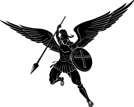 Archangel Power Strike Spear Stock Vector - Illustration of fighting, good: 114178922 Tattoos Christian, Archangel Tattoo, Michael Archangel, Spartan Tattoo, Full Tattoo, Scratchboard Art, Wicked Tattoos, Angel Tattoo Designs, Blue Tattoo