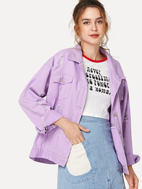 Ripped Drop Shoulder Denim Jacket | SHEIN Purple Jean Jacket, Purple Denim Jacket, Purple Denim, Long Denim Jacket, Casual Denim Jacket, Oversized Jean Jacket, Denim Decor, Classic Denim Jacket, Oversized Denim Jacket