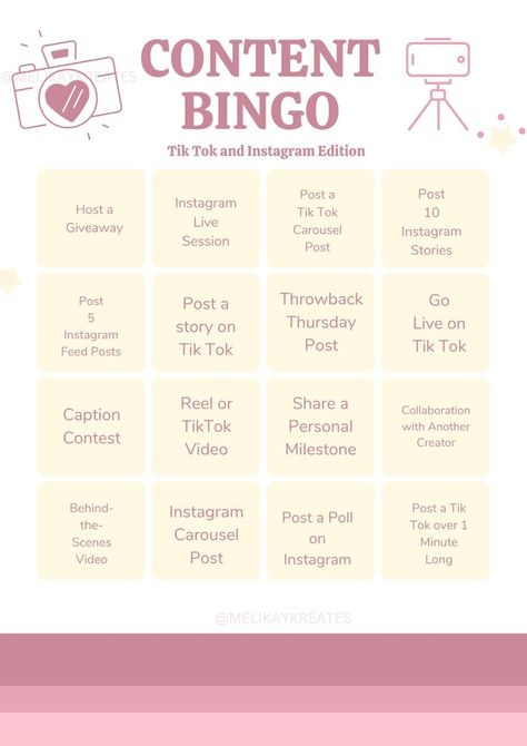 This content creator template is designed to help you maximize your growth on both Tik Tok AND Instagram. Consistency can be tough, so why not turn showing up for yourself in to a game? When you get CONTENT BINGO from this board, treat yourself to something nice! Instagram ideas and Tik Tok ideas can be hard to come by so I am here to help you out! This has everything from motivating you to genera Tik Tok Post Ideas, Ideas For Tik Tok Videos, Tik Tok Ideas List, Tik Tok Posting Schedule, Tik Tok Account Ideas, Video Ideas For Tik Tok, Tik Tok Video Ideas, Tik Tok Content Ideas, Tik Tok Videos Ideas