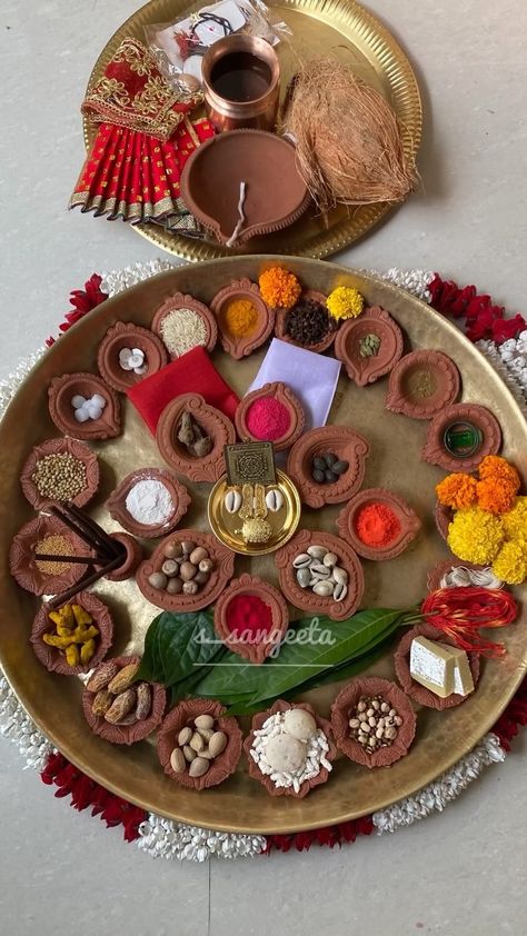 Puja Samagri plays a significant role in fulfilling the aim of a particular puja ritual or ceremony. Every item or samagri holds a divine… | Instagram Diwali Puja Vidhi, Ganesh Laxmi Diwali Decoration, Diwali Puja Thali Decoration Ideas, Diwali Lakshmi Puja Decoration, Dhanteras Puja Decoration, Dhanteras Pooja Decoration At Home, Laxmi Pujan Diwali Decoration, Lakshmi Puja Decoration At Home, Dhanteras Decoration Ideas