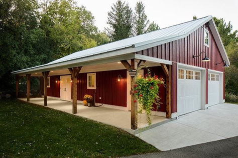 5 Awesome Pole Barn Porch Ideas To Boost Curb Appeal Garages Ideas Exterior, Garage Designs Detached, Living In A Garage While Building, Ranch Style House With Detached Garage, Metal Building Shed Ideas, Detached Garage Shop Ideas, Rv Metal Building, Pole Barn Lights Exterior, Pole Shed Garage