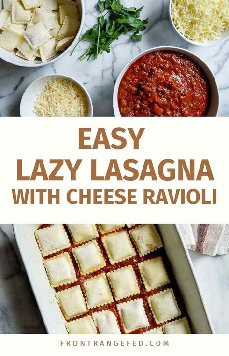 cheesy lazy lasagna using frozen ravioli Frozen Ravioli Lasagna, Frozen Ravioli Recipes, Ravioli Dinner Ideas, Ravioli Lasagna Bake, Lazy Crock Pot Lasagna, Cheese Ravioli Recipe, Lazy Lasagna Recipe, Baked Ravioli Casserole, Baked Ravioli Recipe