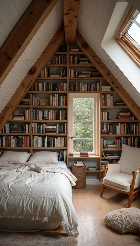 21 Cute Attic Bedroom Ideas You Will Love 51 Cute Attic Bedroom, Cute Attic Bedroom Ideas, Attic Bedroom Ideas Angled Ceilings, Houses Interior And Exterior, Room Inspo Decor, Attic Bed, Attic Bedroom Ideas, Cottage Loft, Attic Renovation Ideas