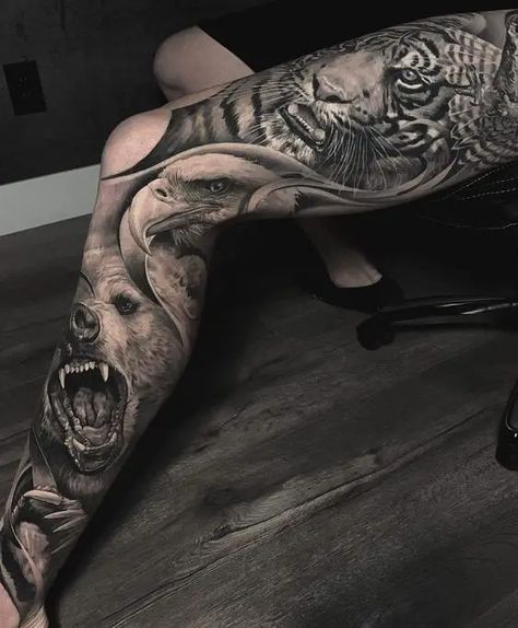 Men’s leg tattoos 24 ideas: Unleashing creativity and style Animal Tattoos For Men, Inspiring Quote Tattoos, Animal Sleeve Tattoo, Full Leg Tattoos, Skull Sleeve Tattoos, Calligraphy Tattoo, Cool Chest Tattoos, Getting A Tattoo, Leg Tattoo Men