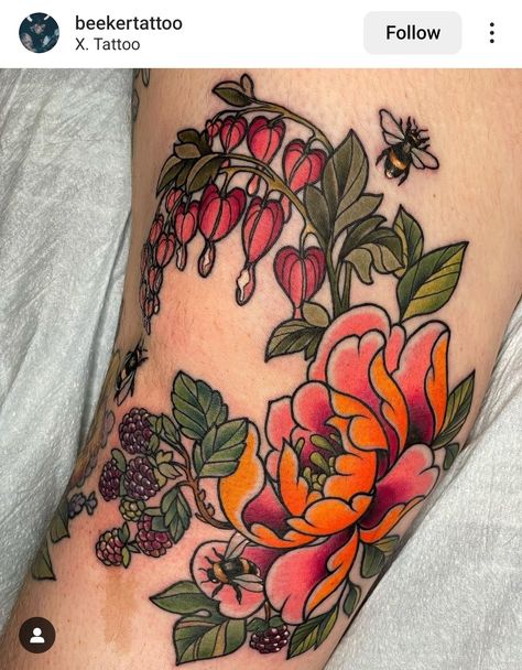 Folky Flower Tattoo, American Flower Tattoo, Traditional Bumble Bee Tattoo, Neo Traditional Flower Tattoo Design, Poisonous Flowers Tattoo, Matching Knee Tattoos, Flora And Fauna Tattoo, American Trad Flower, Traditional Tattoo Flower