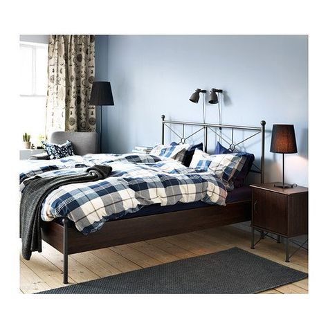 Ikea Kustruta duvet cover and bedroom idea Ikea Musken, Framed Headboard, Ikea Bedroom Furniture, Rustic Bedside Table, Beige Bed Linen, Ikea Bedroom, Brown Bed, Bedding Sets Online, Bedroom Furniture Sets