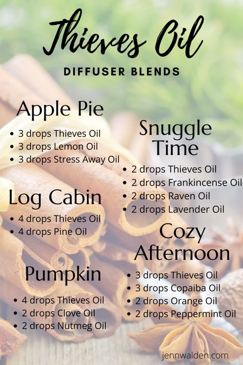 Young Living Essential Oils Recipes Diffuser Fall, Fall Thieves Diffuser Blends, Thieves Diffuser Recipes, Thieves Essential Oil Blends, Thieves Essential Oil Uses, Fall Essential Oil Blends Young Living, Apple Pie Essential Oil Blend, Thieves Essential Oil Diffuser Blends, Thieves Diffuser Blends