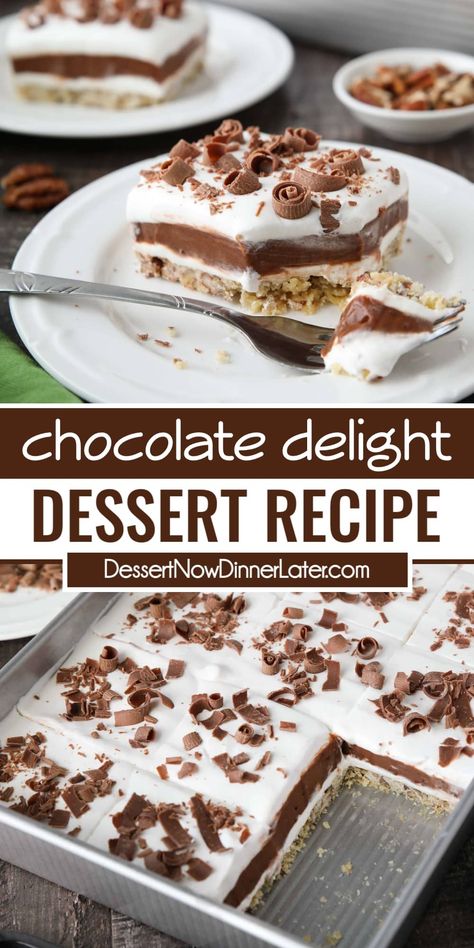 Chocolate Delight Dessert, Chocolate Delight Recipe, Delight Dessert Recipe, Chocolate Lasagna Dessert, Pudding Desserts Layered, Layered Dessert Recipes, Delight Dessert, Cool Whip Desserts, Chocolate Lasagna