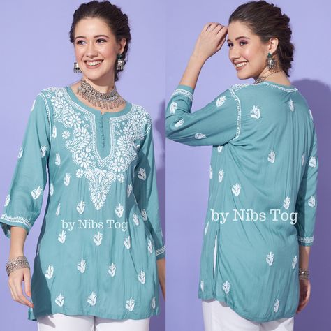 Chikankari Short Kurti, Chikankari Outfits, Indian Casual Wear, Chikankari Tops, Short Kurta For Women, Desi Ootd, Small Motifs, Kurti Top, Kurta Top