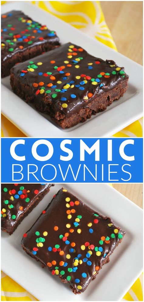 Homemade Cosmic Brownies – you have to make this Little Debbie copycat recipe! Fudgy brownies topped with rich chocolate ganache and sprinkles. Cosmic Brownies Recipe, Homemade Cosmic Brownies, Salad Pasta Recipes, Brownies Fudgy, Fake Ginger, Homemade Brownies Easy, Cosmic Brownies, Homemade Snickers, Little Debbie