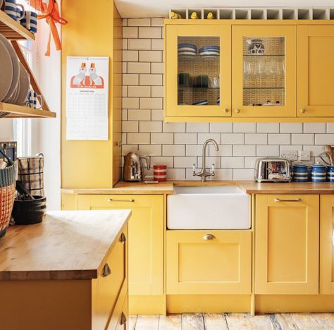 Yellow Kitchen Designs, Kitchen Dining Nook, Yellow Kitchen Cabinets, Maximalist Kitchen, Yellow Cabinets, Victorian Terrace House, Maximalist Home, London Living, Cosy Kitchen