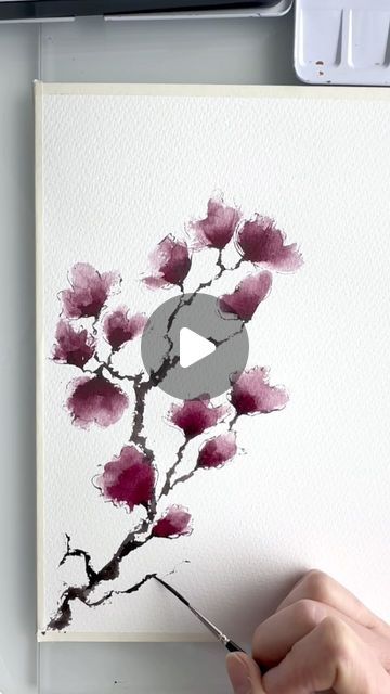 Orientalism Art, Art Floral Japonais, Japan Watercolor, Watercolour Tutorial, Abstract Watercolor Flower, Cherry Blossom Watercolor, Aquarelle Painting, Japan Painting, Watercolor Flowers Tutorial