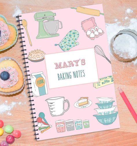 A sweet personalised notebook for a keen baker! If the Great British bake off has inspired you, this is a great book to take note. If you are looking for the perfect and unique gift for an avid baker who treasure's their cake, cupcake, macaroon and other sweet treat baking then this notebook is sure to hit the sweet spot as the perfect gift. This stunning notebook has been designed with adorable baking illustrations from classic kitchen aids to measuring spoons. Notebooks are such useful and pra Bakery Business Plan, Recipe Book Diy, Recipe Book Templates, Cookbook Design, The Great British Bake Off, British Bake Off, Great British Bake Off, Bake Off, Bullet Journal Notebook