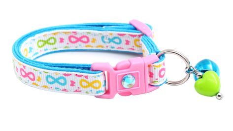 "This cat collar is handmade using reinforced cotton and top quality contoured hardware. Reinforced cotton makes a great collar material because it is soft, light, as well as sturdy. It is also machine washable which all pet owners know is a \"must have!\". We use breakaway clips on our cat collars for your kitty's safety.  The bell can easily be removed if you prefer. The large cat collars are: 9\"- 15\" long and 3/8\" wide and the small cat collars are 6.5\"- 10\" long and 3/8\" wide.  This collar comes with a bell, charm, both, or none. If you select \"none\" the collar will still include a ring. We estimate that the large size generally fits all adult cats and the small fits most petite cats and kittens under 10 lbs but we recommend that you measure your cat's neck with a soft tape mea