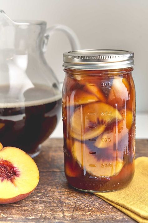 Sweet Tea Peaches Ideas For Peaches, Sweet Tea Peaches Canned, Canning Peaches In Sweet Tea, Sweet Tea Canned Peaches, Canning Peach Tea Concentrate, Peach Sweet Tea Recipe, Homemade Peach Tea Recipe, Water Bath Canning Peaches, Pickled Peaches