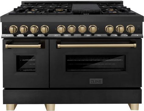 ZLINE Autograph Edition 48" 6.0 cu. ft. Dual Fuel Range with Gas Stove and Electric Oven in Black Stainless Steel with Champagne Bronze Accents (RABZ-48-CB) Zline Autograph Edition, Professional Appliances, Outdoor Appliances, Dual Fuel Ranges, Outdoor Refrigerator, Appliance Packages, Gas Oven, Gas Cooktop, Gas Burners