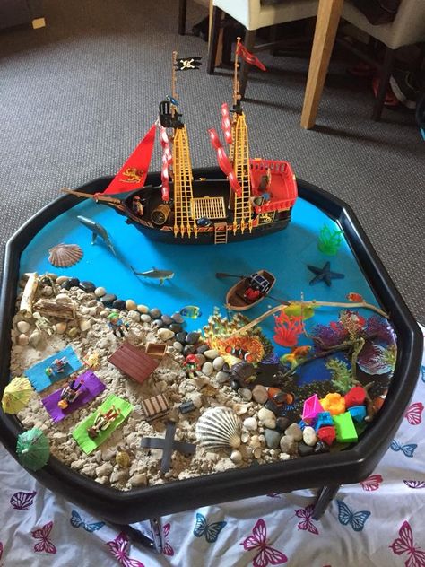 The Big Ship Sails Tuff Tray, Pirate Tough Tray Ideas, Pirate Tuff Tray, Pirate Tuff Tray Ideas, Tough Tray Ideas, Tuff Tray Ideas Toddlers, Pirate Activities, Tuff Spot, Pirate Crafts