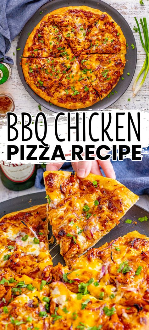 BBQ Chicken Pizza is loaded with sweet and smoky flavors you'll love! Who can resist tangy barbecue sauce, juicy chicken, and melty cheese?! #BreadBoozeBacon #bbqchickenpizza #bbqsauce #barbecuesauce #chicken #pizza #redonion #cilantro #greenonion #easydinner #comfortfood #pizzaparty Chicken Calzone, Bbq Chicken Pizza Recipe, Chicken Pizza Recipe, Game With Friends, Barbecue Chicken Pizza, Chicken Pizza Recipes, Barbeque Chicken, Pizza Dinner, Tangy Bbq Sauce