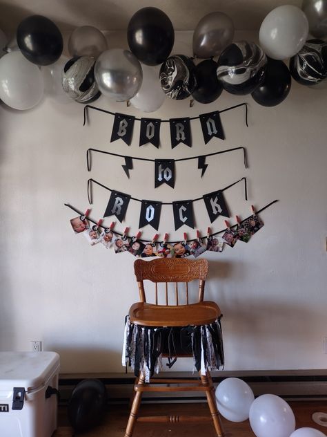 DIY-Dollar Tree balloon arch string, black ribbon, Cricut cut black banner with silver vinyl, 0-12 mo 4x4 photo string, ONE music note cut fabric high chair banner/decoration. Rock And Roll Bday Party Ideas, Rock One Birthday, Born Two Rock Birthday Boy, Another One Bites The Dust 1st Birthday, Born 2 Rock Birthday Party, Born To Rock Birthday Party, Born Two Rock Birthday, One Rocks Birthday, One Rocks First Birthday