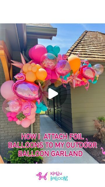 Kimblu Balloons on Instagram: "How I attach foil balloons to my outdoor balloon garlands! There are so many ways to do it, but I personally love using tape with a clear 260 balloon. This method ensures that the balloon stays secure and I can easily position it exactly where I want it to be on the garland.🎈  #balloondecor #partydecor #balloontips #Kimbluballoons" Balloon Garland On Porch, Balloon Creations, Foil Curtain, Balloon Arch, Balloon Garland, Foil Balloons, Party Planner, The Balloon, Balloon Decorations