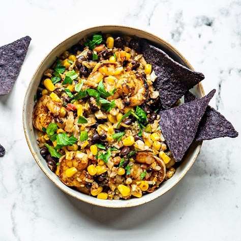 Tex-Mex cauliflower rice shrimp bowl | Recipes | WW USA Shrimp Bowl Healthy, Rice Shrimp Bowl, Tex Mex Shrimp, Optavia Transition, Bowl Healthy Recipes, Ww 2024, Blue Corn Chips, Rice Shrimp, Shrimp Bowl