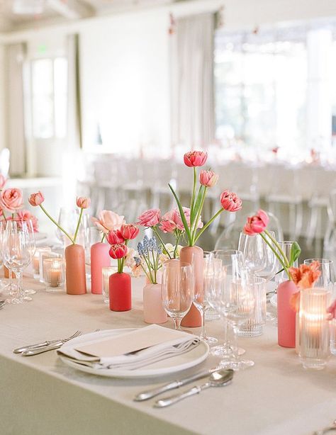 Table Setting Spring Wedding, Pink And Orange Bud Vases, Different Vases Wedding Centerpiece, Bud Vase Wedding Centerpieces, Peach Bud Vases, Bud Vase Centerpiece Long Table, Bud Vase Runner, Bud Vases Wedding Centerpiece Long Table, Bud Vases Round Table Wedding