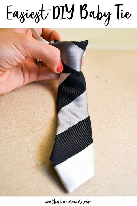 Learn how to make the easiest DIY baby tie by refashioning a men’s adult silk tie. It looks professional, but it’s really easy to sew! I have been reading many, many tutorials for making little boy ties and they were all great, but took a lot of steps. They used quilting cotton and didn’t look like a grown up men’s tie. I knew there was an easier way, so I fiddled until I came up with the perfectly EASY DIY baby tie. It is just one short stitch on your machine and a couple of hand stitches. Tie Patterns Diy, How To Sew A Tie, Tie Pattern Free, Baby Sewing Tutorials, Baby Sewing Patterns Free, Baby Boy Bow Tie, Moon Pie, Romper Sewing Pattern, Kylie Baby