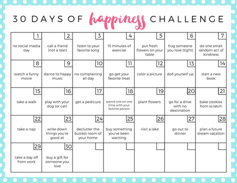 The 30 Day Happiness Challenge with Simple Happy Tasks 30 Days Of Happiness, Break A Habit, Health Cleanse, Detox Challenge, Happiness Challenge, 21 Day Challenge, Squat Challenge, Stephen Covey, Happiness Project