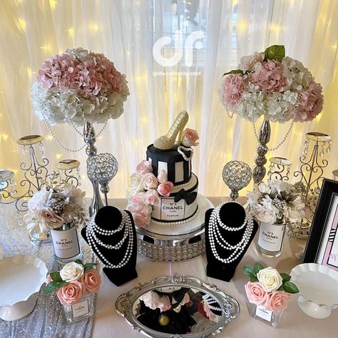 Chanel Aesthetic Birthday, Glam Party Ideas For Women, Chanel 50th Birthday Party Ideas, Dior Party Theme Decoration, Audrey Hepburn Birthday Theme, Vogue Party Theme Ideas, Paris Themed Birthday Party Decoration, Dior Party Theme, Channel Party Ideas