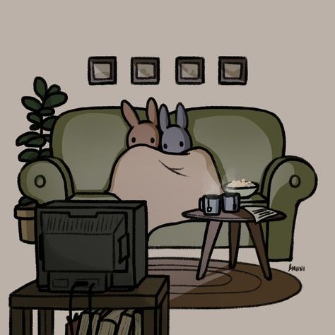 Cozy Aesthetic Illustration, Movie Night Illustration, Watching Tv Illustration, Bunnies Cuddling, Cosy Movie Night, Cute Animations, Movie Night Aesthetic, Two Bunnies, Cozy Cartoon