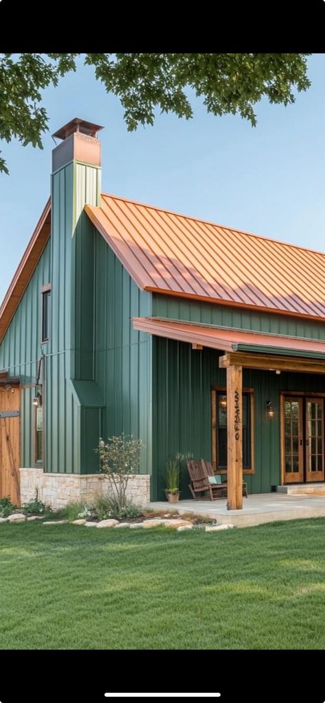 Colony Green Metal Building, Green Metal House, Green Barn, Green Metal, Horse Barn, Pole Barn, Metal Buildings, Metal Homes, Rustic Design