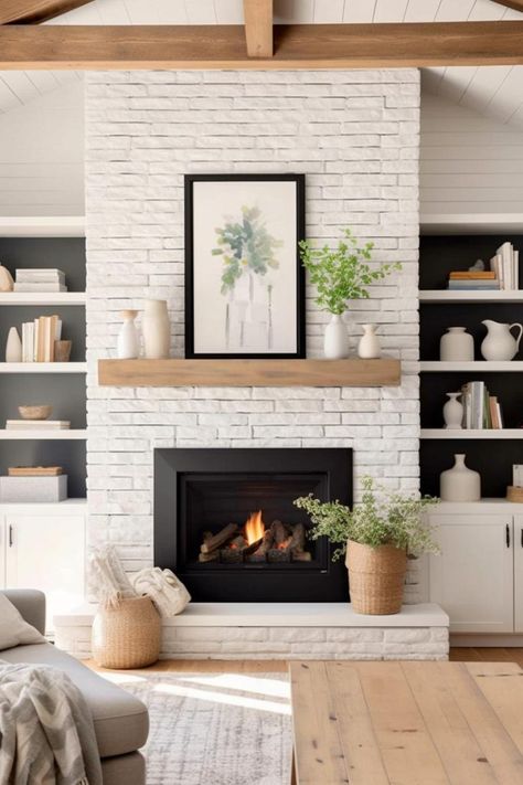 New Construction Home Ideas Fireplaces, Rock Fireplace Decor Ideas, Unique Fireplace Ideas, Flint Rock, White Brick Fireplace, Backdrop Tv, Mantle Ideas, Brick Fireplace Makeover, White Fireplace