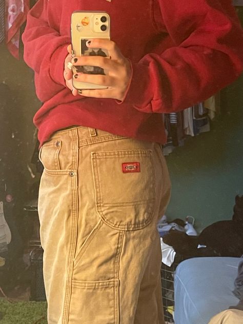 Tan Dickies Outfit, Red Masc Outfits, Khaki Dickies Outfit, Dickies Cargo Pants Outfit, Dickie Pants Outfits Men, Carhartt Pants Outfit, Tan Cargo Pants Outfit, Tan Pants Outfit, Red Shirt Outfits