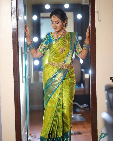 Seemantham Sarees, Seemantham Photoshoot, Blue Green Saree, Engagement Sarees, Pattu Sarees Wedding, Green Kanchipuram Silk Saree, Bridal Sarees South Indian, Half Saree Lehenga, Wedding Saree Blouse Designs