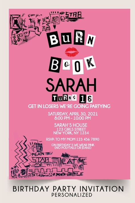 Y2k Party Invitation Template, Mean Girls Birthday Invitations, Mean Girls Party Invitations, Y2k Invitation Template, Mean Girls Bday Theme, Mean Girls Birthday Party Ideas, Mean Girl Birthday Party, 2000s Birthday Invitation, Mean Girls Party Ideas