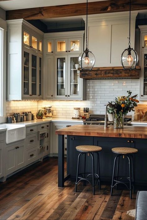 Modern Farmhouse Aesthetic Interior, Simplistic Kitchen Design, Rural Interior Design, Kitchen Remodel No Window, Dark Academia Modern House, Kitchens With Wood Ceilings, Cozy Open Concept Kitchen Living Room, Pnw Kitchen, Country Homes Farmhouse