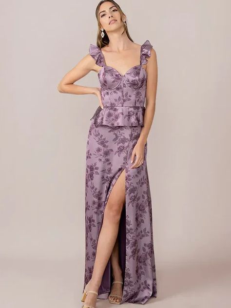 purple floral bridesmaid dress, 2024 trendy spring bridesmaid dresses Purple Floral Bridesmaid Dresses, Long Floral Gown, Floral Bridesmaid Dress, Spring Bridesmaid Dresses, Plum Bridesmaid Dresses, Lavender Bridesmaid Dresses, Lilac Bouquet, Wedding Parties Colors, Shower Dress