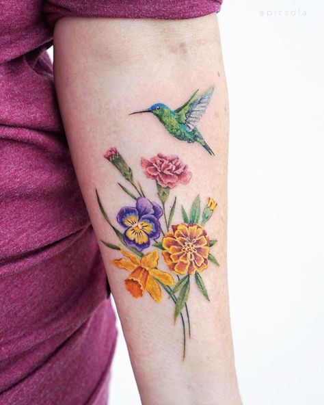 Humming Bird Tattoo Ideas, Colorful Hummingbird Tattoo, Violet Flower Tattoo, Bird Tattoo Ideas, Carnation Flower Tattoo, Violet Flower Tattoos, Hummingbird Tattoos, Marigold Tattoo, 2023 Tattoo