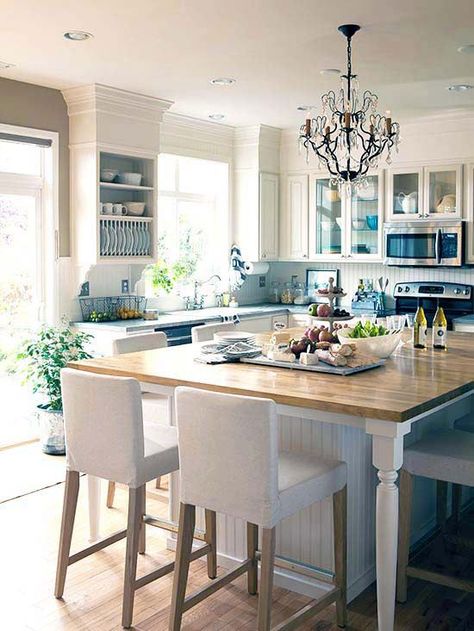 Beadboard backsplash and open cabinetry. Shape is Correct for your Kitchen Island? Island Tables, Kitchen Island Table, Casa Country, Gather Round, Kitchen Island With Seating, Bright Kitchens, Island With Seating, Kitchen Redo, Trendy Kitchen